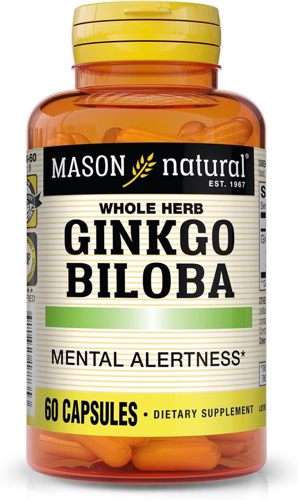 Mason Natural Ginkgo Biloba, 1 mes de suministro, ayuda a mejorar la alerta mental y la función cerebral óptima de apoyo, 60 cápsulas