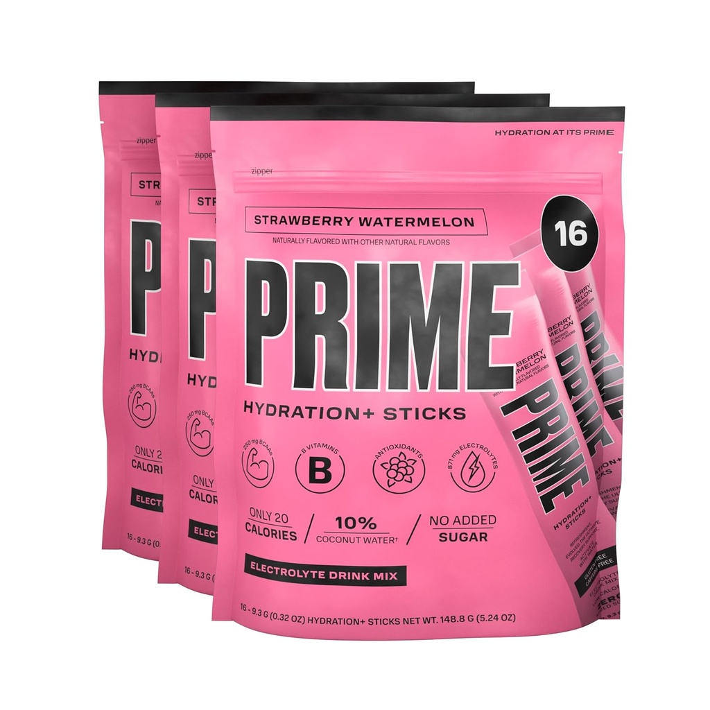 PRIME HYDRATION+ Sticks Strawberry Watermelon ← Hydration Powder Single Serve Sticks ← Electrolyte Powder On The Go TEN Low Sugar TEN Caffeine-Free TEN Vegan TEN 48 Sticks