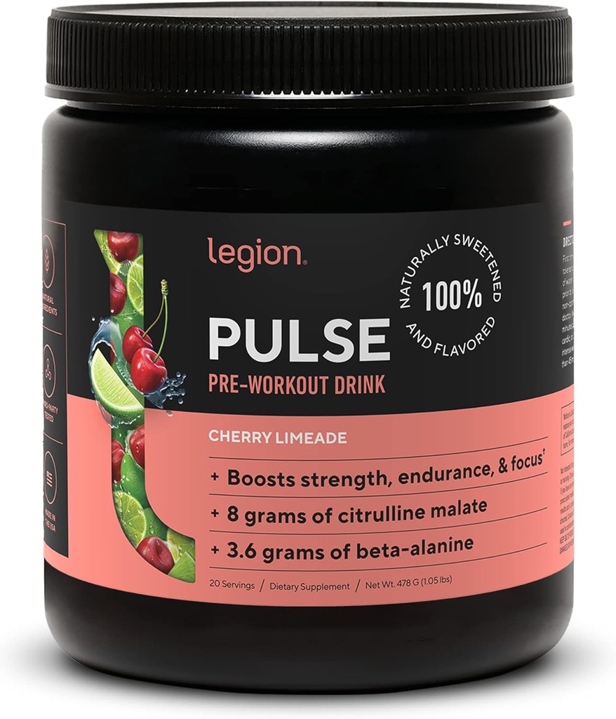 LEGION- All Natural Nitric Oxide Preworkout Drink to Boost Energy, Creatine Free, Naturally Sweetened, Beta Alanine, Citrulline, Alpha GPC (Cherry Limeade)