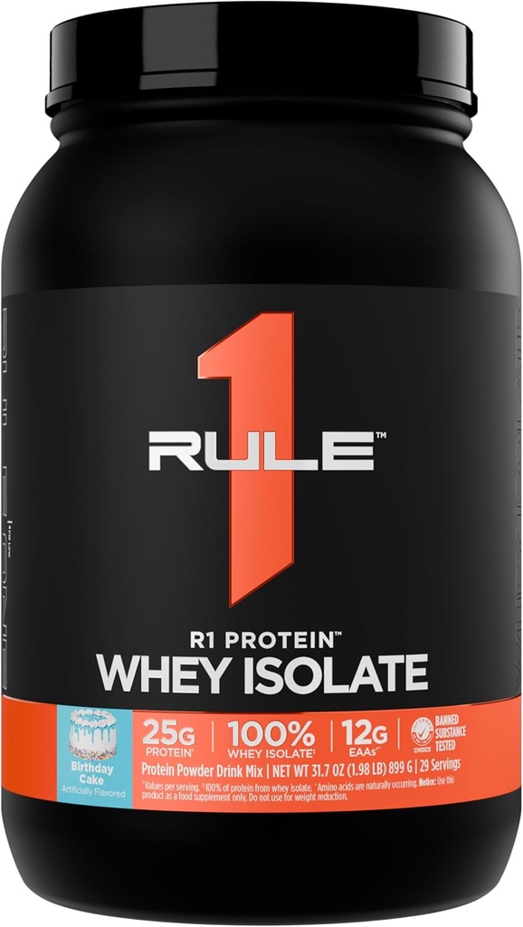 Regla 1 R1 Protein Whey Isolate - Con 25g Protein &amp; 6g BCAA Exclusivamente de Fuentes Hidrolyzed Isoladas para la recuperación de ejercicios (2 libras*, Pastel de cumpleaños)