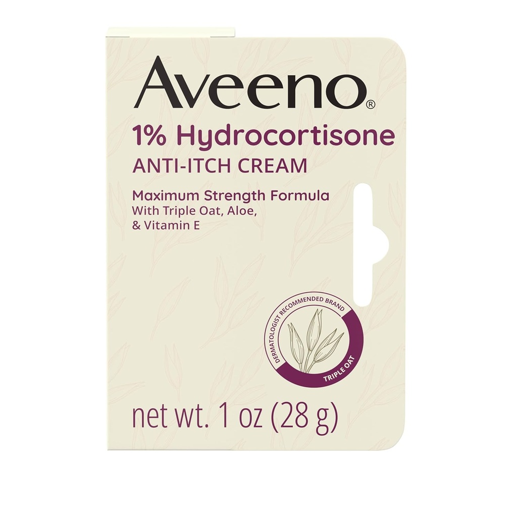 Aveeno Maximum Strength 1% Hydrocortisone Anti-Itch Cream, Triple Oat, Aloe &amp; Vitamin E For Itch Relief From Eczema, Psoriasis, Insect Bites, Poison Ivy, Oak &amp; Sumac & Detergents, 1 oz, 2 Pack