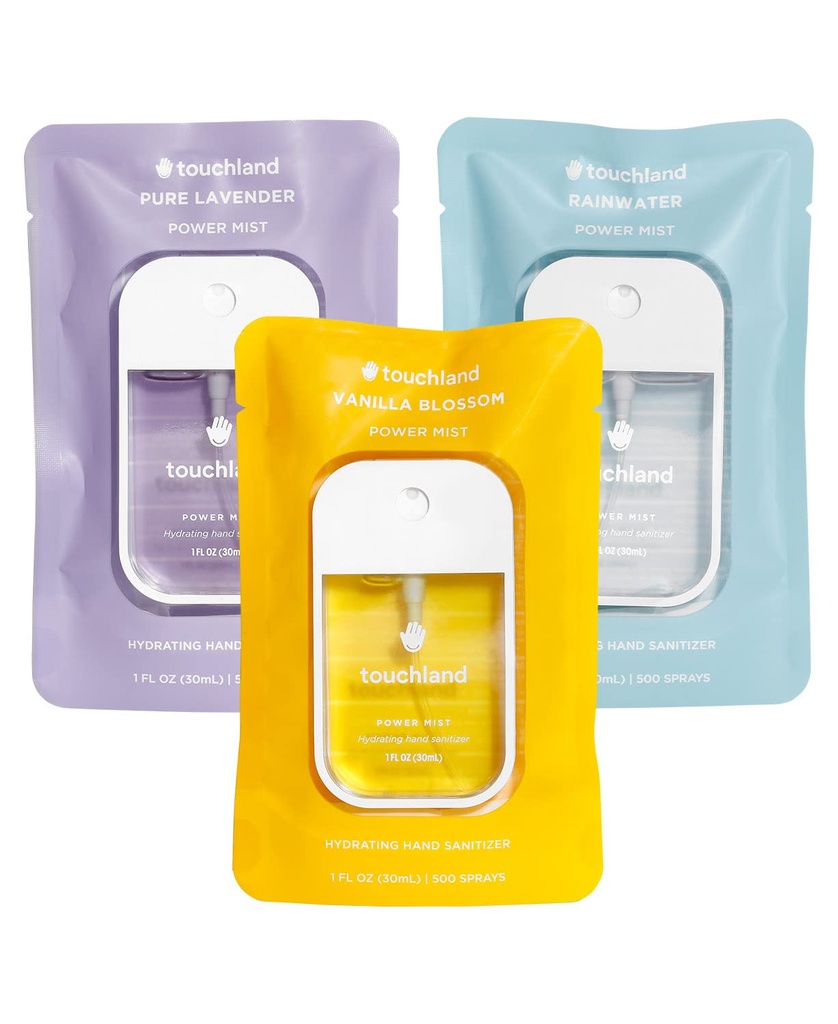 Touchland Power Mist Hydrating Hand Sanitizer Spray, BLOSSOM Trio Set (Lavanda, Vanilla, Rainwater), 1 FL. OZ. Tamaño del viaje (Set of 3)