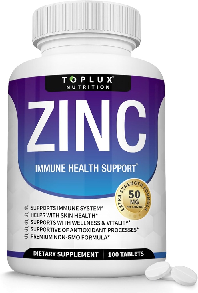 Suplemento Zinc 50mg para soporte inmunitario – Oxido puro de zinc natural para sistema inmunitario, soporte antioxidante de piel, Booster de inmunidad de alta potencia, para hombres mujeres, 100 tabletas