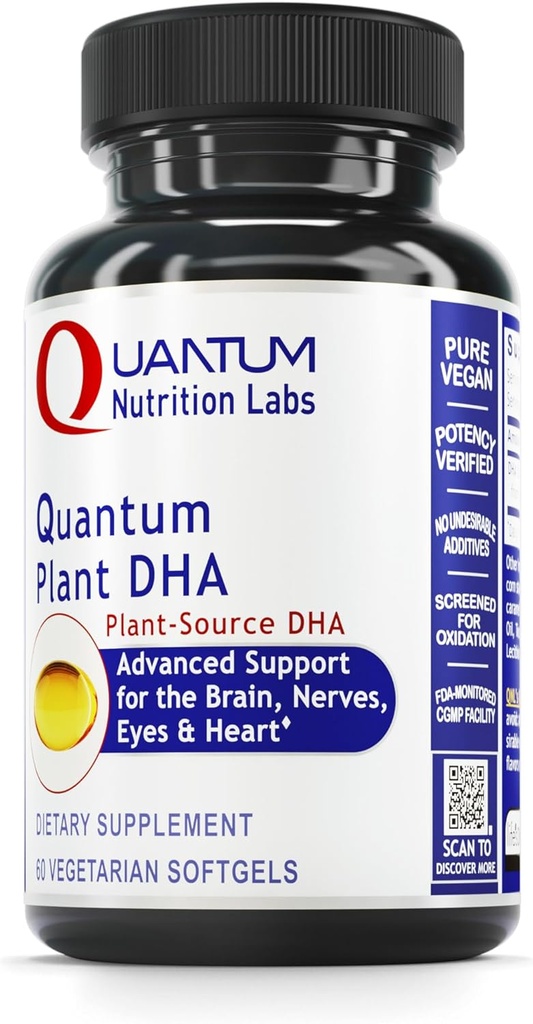 Planta de Laboratorios de Nutrición Cuántica DHA - DHA No-GMO Vegan con ácidos grasos Omega 3, DHA Basado en Algas para Hombres, Natural DHA Suplemento Adecuado para Vegans- 60 cápsulas Vegetarianas de Softgel