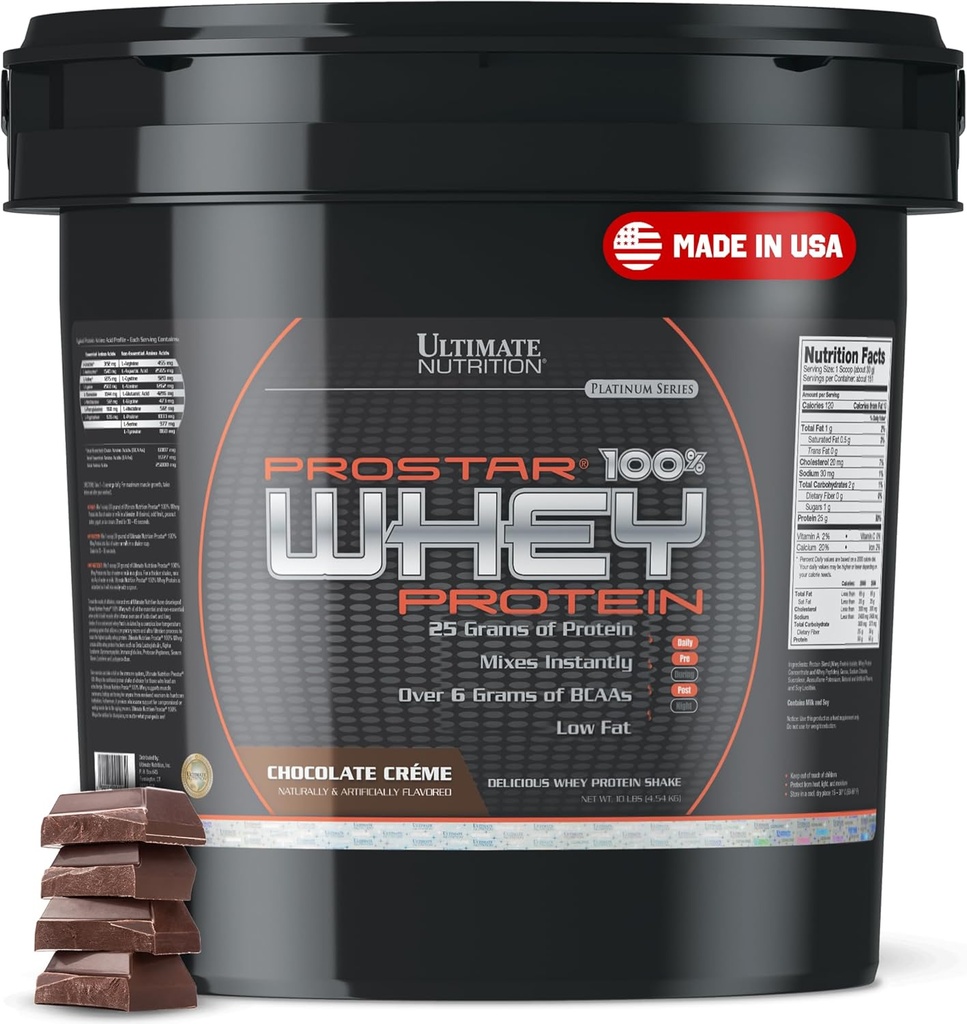 Ultimate Nutrition Prostar Whey Protein Powder Isolate, Chocolate - Low Carb, High Protein Powder Shake for Muscle Gain & Recuperación - Bajo Sodium, Low-Fat & Keto Friendly - 10 lbs Bucket
