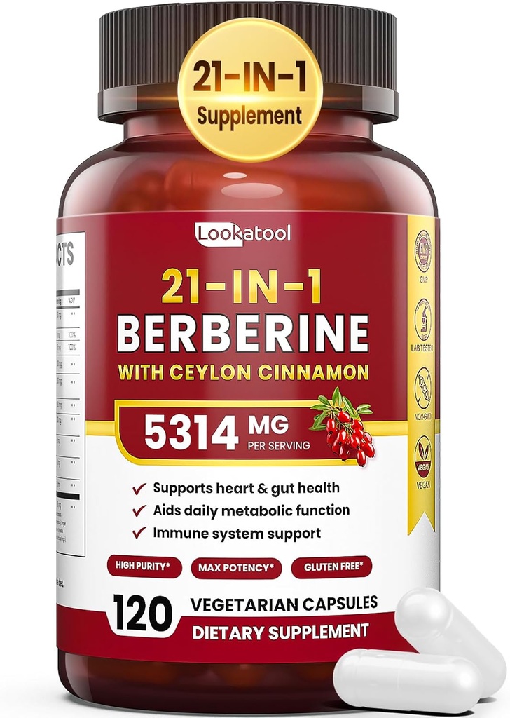 Suplemento de bereberina 21-in-1 con canela de Ceillón - 1500mg Fitooma de Berberina orgánica HCL, 5X Absorción superior para el metabolismo Apoyo 100 cápsulas