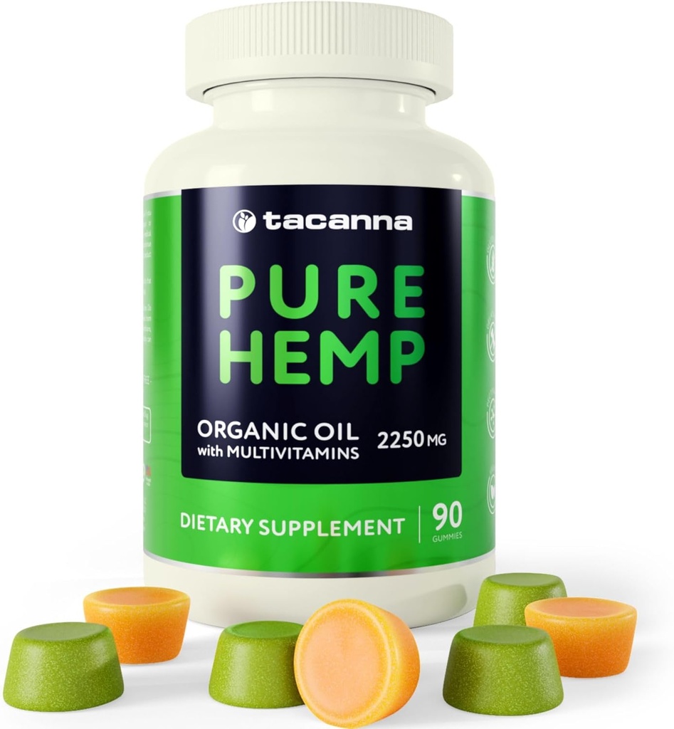 Mangas de cáñamo TACANNA - Mangas de aceite para adultos con vitaminas C, B3, B6, B12, Biotina, B5 &amp; Zinc para mejor sueño &amp; calma - Suplemento de cáñamo con multivitaminas &amp; Omega 3, 6, 9-90 Con