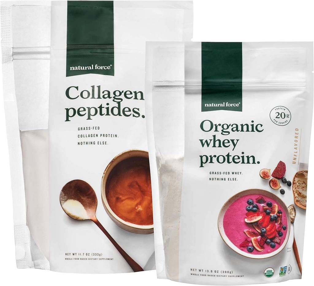 Natural Force Clean, Grass Fed Collagen Peptides + Unflavored Organic Whey Protein Bundle – Organic, Non GMO Whey Protein & Hydrolyzed Tipo I y III Collagen – 13.8 Bolsa de onza y 11.7 Bolsa de onzas