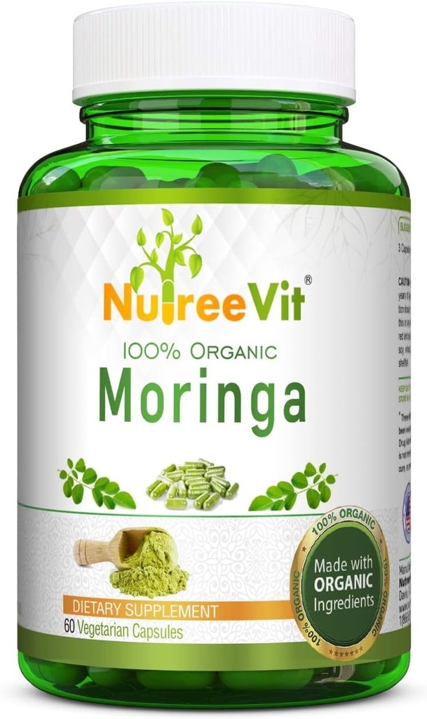 NutreeVit 100% Orgánica Moringa Capsules - 60 Cuenta Botella