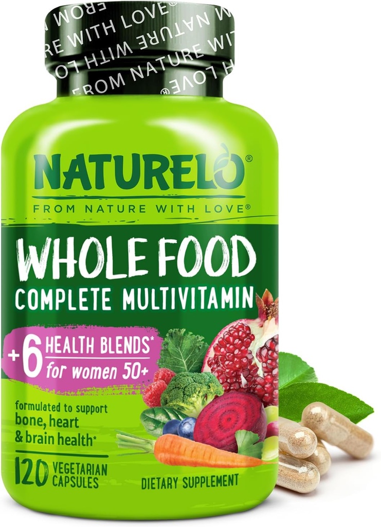 NATURELO Multivitamina Alimentaria Integral para Mujeres 50+ (Iron Free) con Vitaminas, Minerales, " Extractos Orgánicos - Suplemento para Mujeres Post Menopáusicas Más de 50 - No GMO - 120 cápsulas Veganas