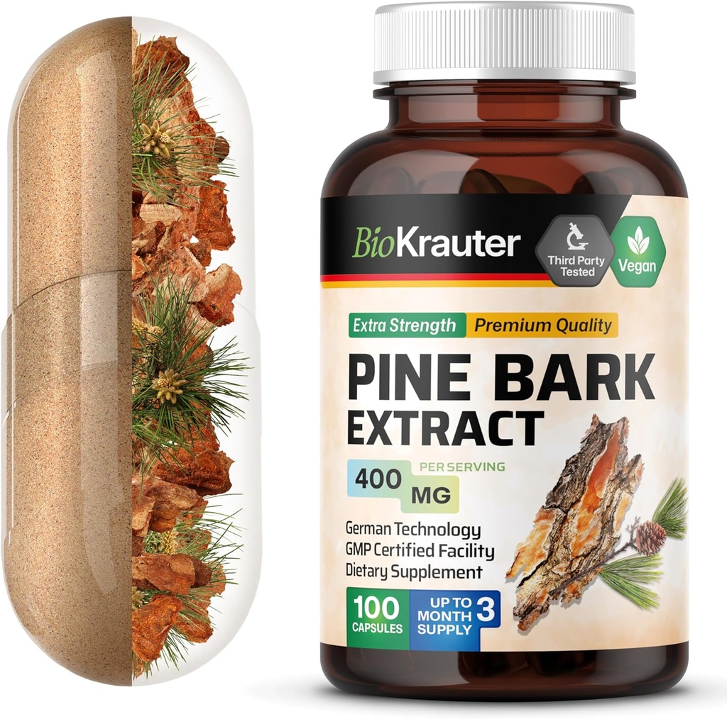BIO KRAUTER Pine Bark Extract Capsules 400 mg - 100 Conde - Suplemento Antioxidante - 95% Proanthocyanidins - Suplemento de pino - Vegan, No Fillers