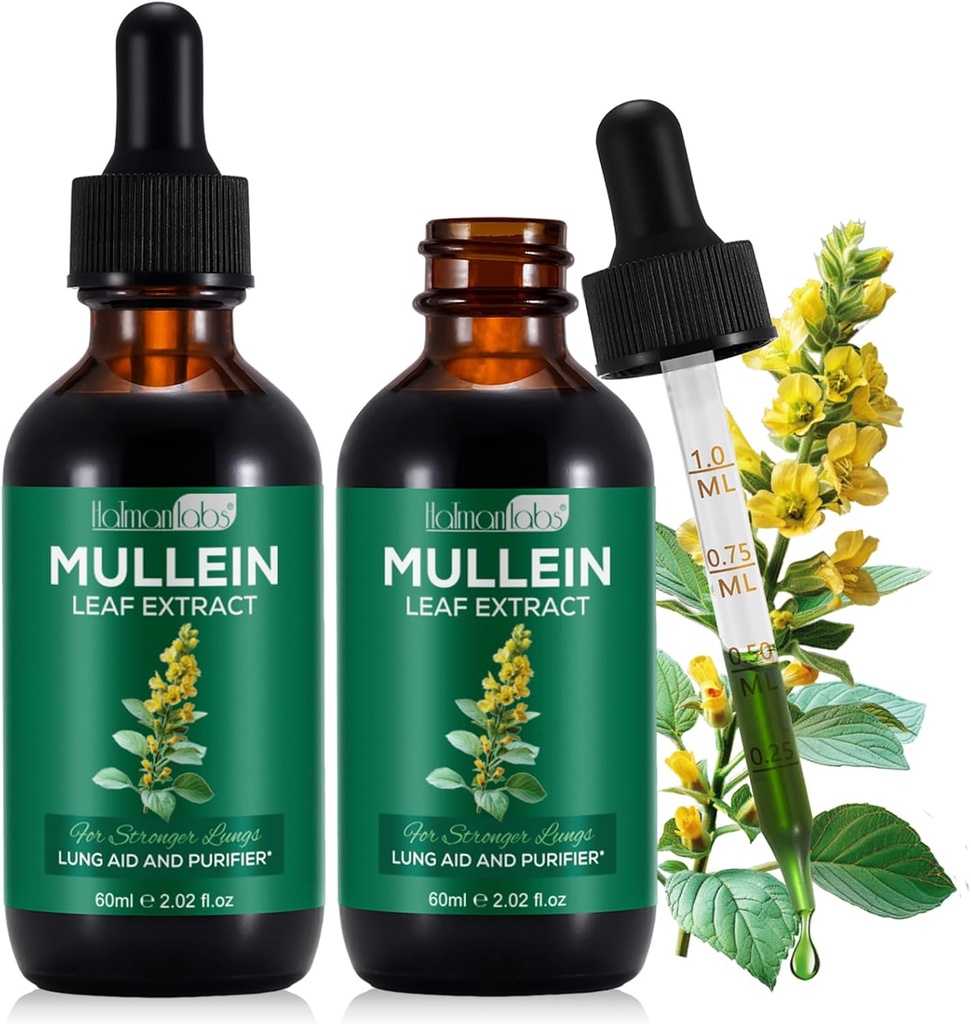 Extracto de hoja de Mullein para los pulmones, gotas de Mullein para los pulmones, soporte pulmonar, función respiratoria para el respiración saludable, mejora de la función pulmonar, suplemento natural y seguro (2 PC)