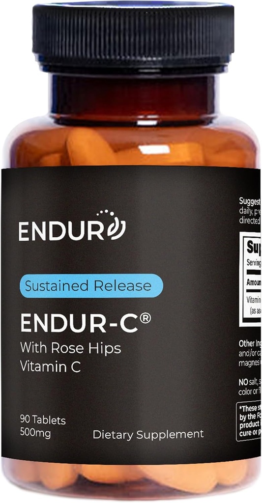 Endur ENDUR-C Vitamina C con Rosa HIPS, soporta la producción de colágeno, la protección antioxidante y la digestión suave, sin gluten, 500 mg (90 Tabletas)