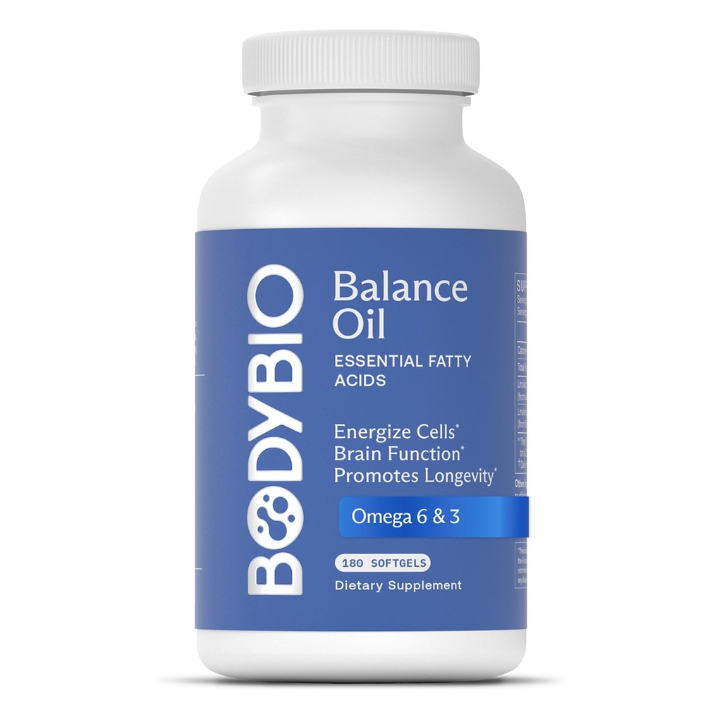 BodyBio Balance Oil - Vegan Omega 3 6 Supplement – Cold-Pressed Safflower & Flaxseed Oil – Supports Brain Function, Healthy Skin, and Mood