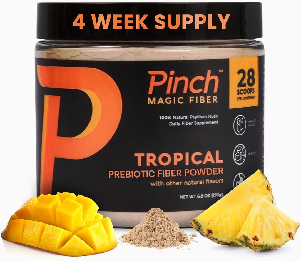 Pinch Magic Sugar Free Fiber Powder – Light Tropical Flavor Psyllium Husk con Bromelain &amp; Vitaminas C & D – Vegan, Gluten-Free, Clean Label, USA-Made, GMP-Certified – 28-Day Supply