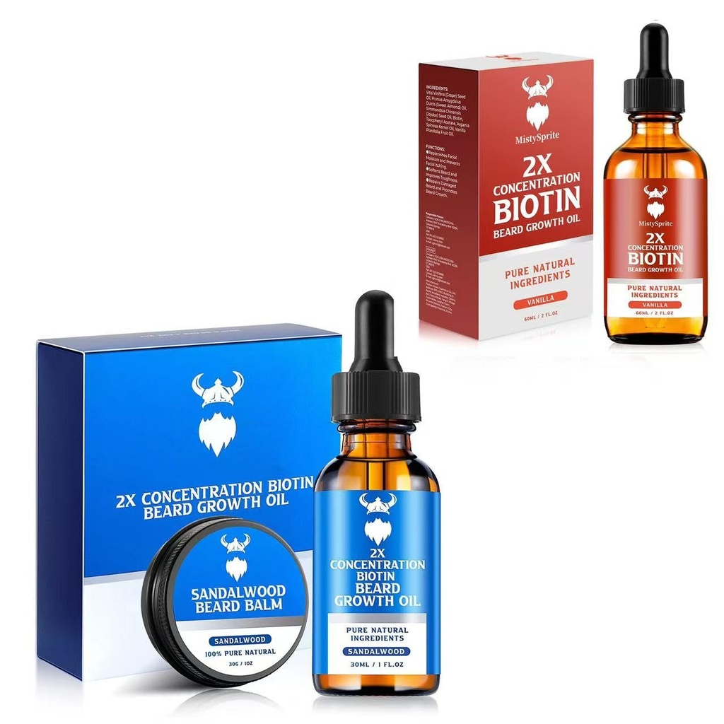 Sandalwood Beard Growth Kit con 2X Biotin para Hombres y Vainilla Beard Growth Oil,Natural Ingredients & Thickens Facial Hair Growth