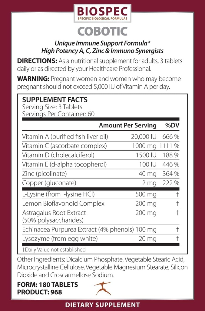 BIOSPEC NUTRITIONALS Cobótico - Suplemento de Apoyo Inmunitario - Vitamina A, Vitamina C, Vitamina D, Vitamina E, Zinc