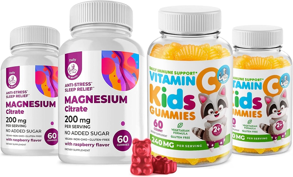 Vitamina C Gummies 120 cuentan para niños &amp; adultos 240 mg y Magnesio 200 mg Gummies - Immune Support Vitaminas Gummy de bajo azúcar para niños pequeños con cerdas calmas de magnesio para niños y adultos sin azúcar