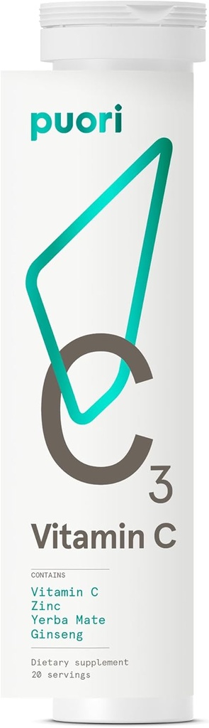 Suplemento Puori C3 de vitamina C para el soporte inmunológico y antioxidante - 20 servicios - Vitamina C, Zinc, Yerba Mate, Ginseng ayuda a combatir la fatiga y la función cognitiva