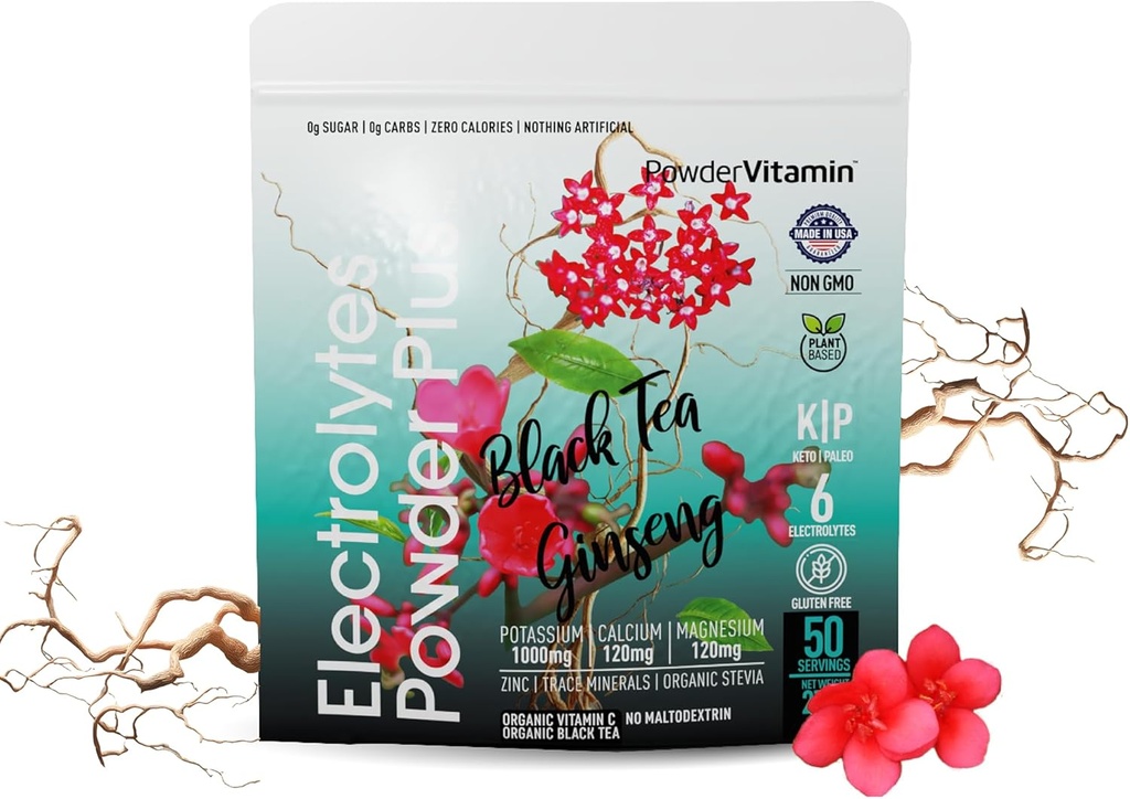 PowderVitamin Electrolytes Powder Plus (50 Servings) Black Tea Ginseng Electrolyte Powder Keto, Sugar Gratis, Rosa Himalayan Salt, 1000mg Potasio, 120mg Calcio,120mg Magnesio, Hidration Powder
