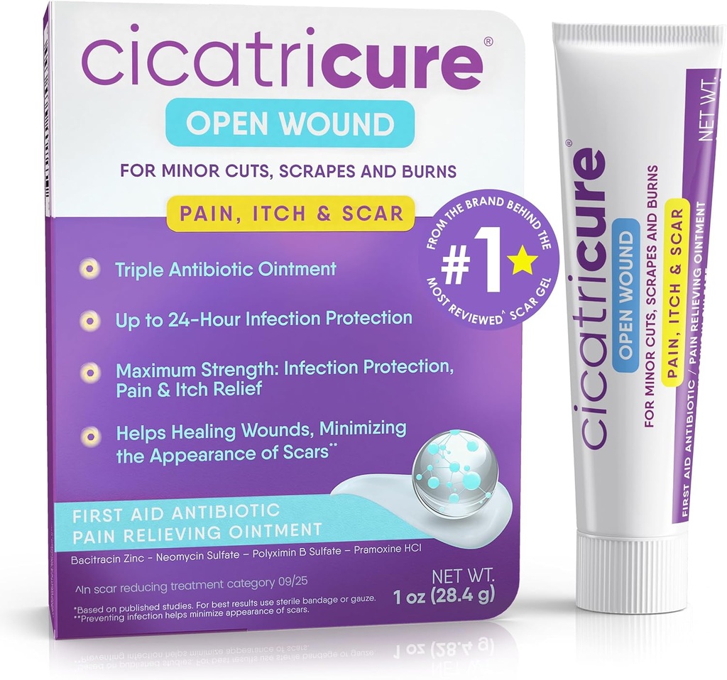 Cicatricure Triple Antibiotic Ointment with Pain Relief, Bacitracin Antibiotic Ointment & Cream for Wound Care, Healing Ointment for Cuts, Burns, Insect Bites, First Aid Supplies Essential, 1 oz