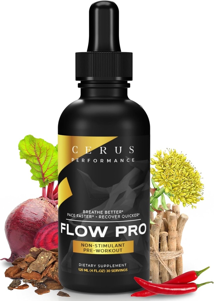 Cerus Performance Flow Pro Stimulant-Free Endurance Pre-Workout – Boosts Stamina, soporta la salud cardíaca con hierbas naturales, Vegan-Friendly - 4 Fl Oz