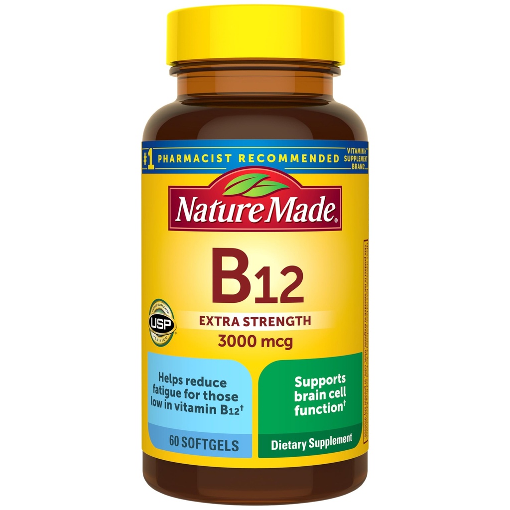 Nature Made Vitamin B12 Extra Strength 3000 mcg, B12 Vitamin Supplement for Energy Metabolism Support, 60 Softgels, 60 Day Supply