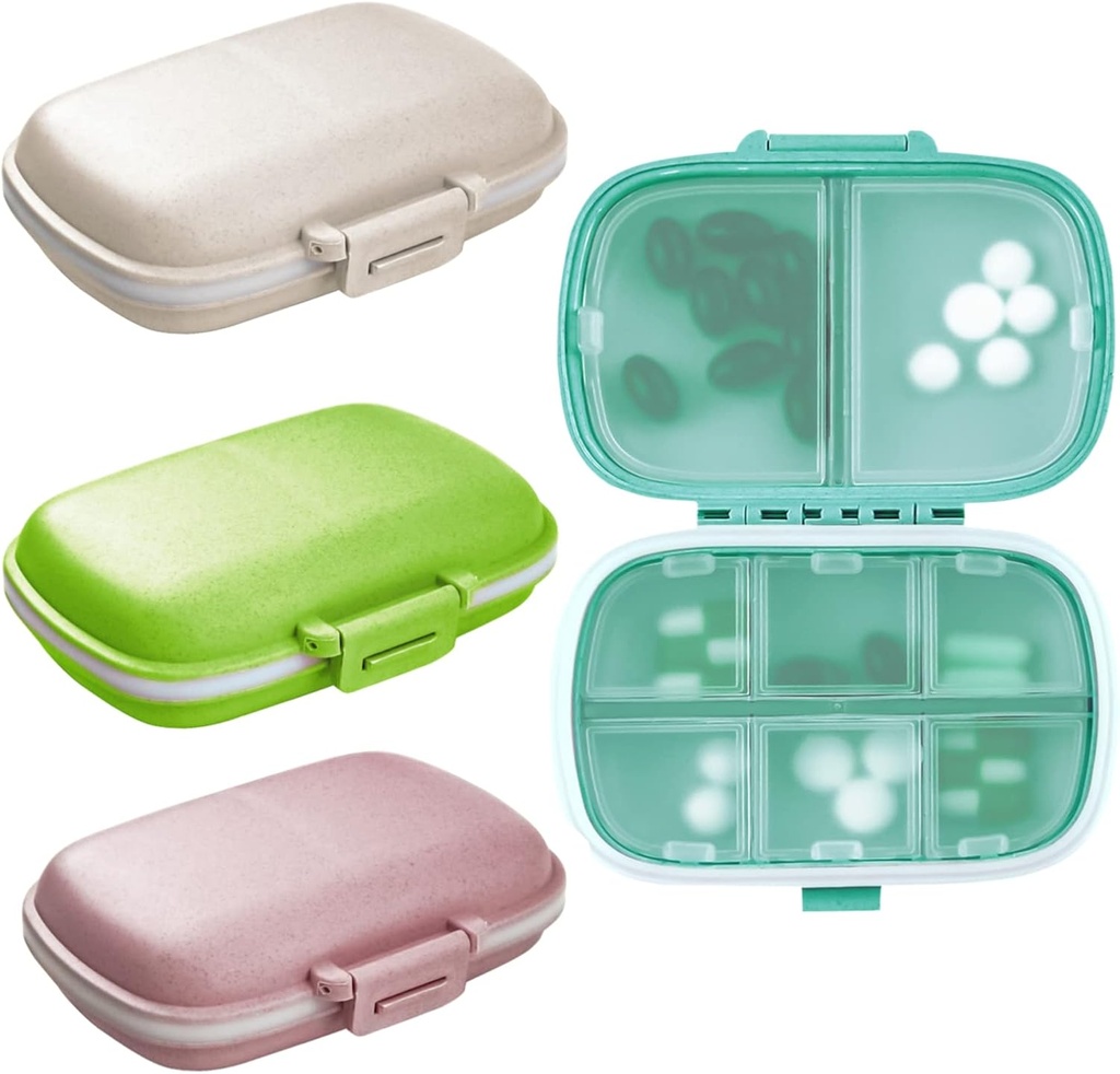 4PCS Organizador de Píldoras de Viaje, 8 Compartimientos Caja de Píldora Portátil, Caja de Píldoras Pequeñas para Píldora de Píldoras Portable de Píldoras (Green+Blue+Pink+Beige)