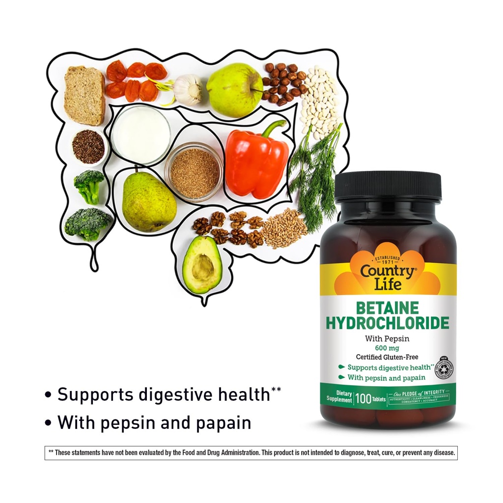 Hidrocloruro de Betaine con Pepsin, 600 mg, 100 Tabletas, Gluten certificado