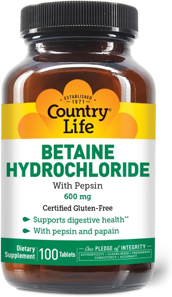 Hidrocloruro de Betaine con Pepsin, 600 mg, 100 Tabletas, Gluten certificado