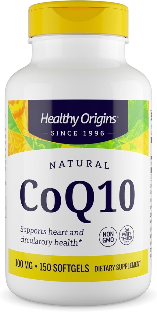 Orígenes saludables® CoQ10 100 mg – Ubiquinona Trans-Isomer Natural – fermentada por levaduras, apoya la salud cardíaca y la energía celular – No GMO 150 Softgels