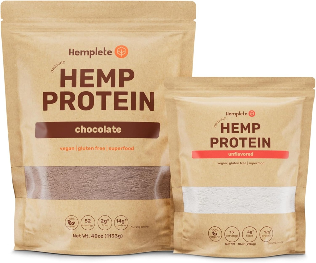 Hemp Vegan Protein Powder for Heart and Brain Health, Easy to Digest Plant Protein for Muscle Building and Recovery, 9 Essential Amino Acids, (Chocolate40oz y Unflavored10oz)