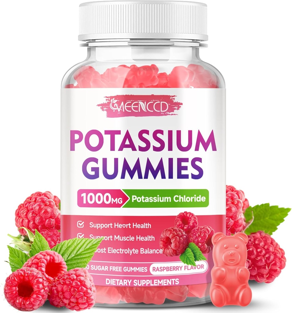 Potasio Gummies, Potasio Chloride 1000mg para Adultos, Suplemento de Potasio Libre de Azúcar Gummies Apoyo Electrolyte Balance &amp; Leg Cramps for Women &amp; Men, Raspberry Flavor, 60 Condes