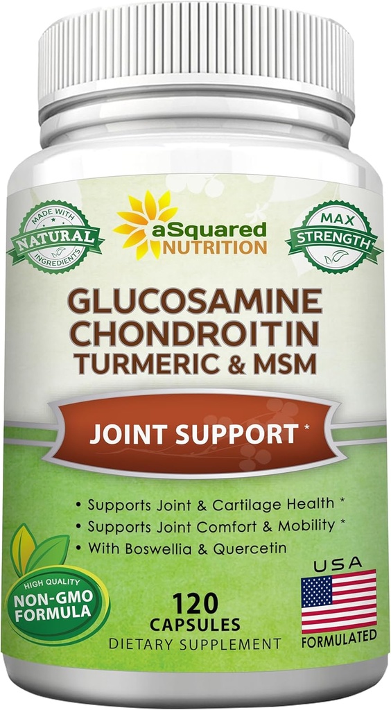 aSquared Nutrition Glucosamine Chondroitin Turmeric MSM Boswellia - 120 cápsulas - Suplemento de apoyo conjunto - Juntas de apoyo Alivio de la salud - Suplemento natural para la espalda, rodillas " manos