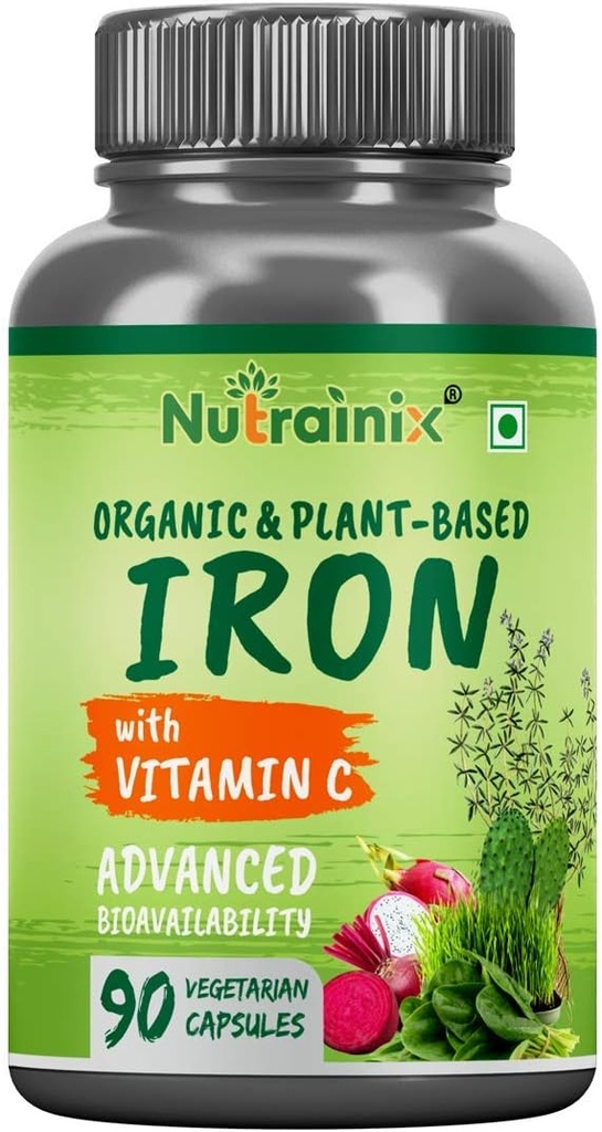 Suplemento de hierro orgánico con vitamina C, Beetroot, hojas de espinacas para la función de células rojas de sangre - 90 cápsulas vegetarianas
