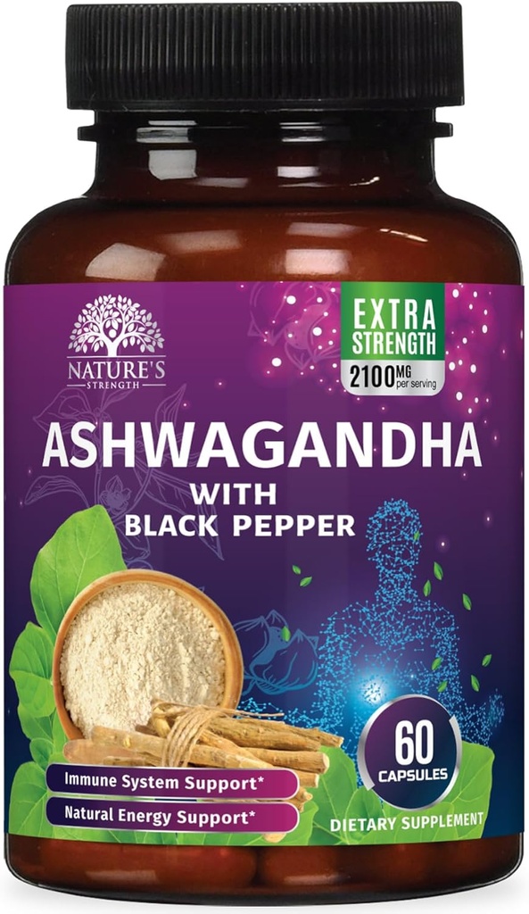 Ashwagandha Suplementos 2100mg - Extra Strength Ashwagandha Powder " Extracto con Pepper Negro para Max Absorción, Herbal Antioxidant Suplementos para Hombres Mujer, Vegan, No GMO - 60 cápsulas
