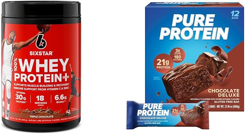 Elite de 6 estrellas 100% Whey Protein Plus Triple Chocolate 1.8lbs y Pure Protein Chocolate Deluxe Protein Bares 12 Conde Pack