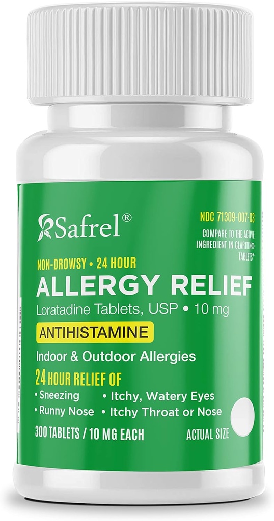 Alergia Safrel 10mg Tablets ← No-Drowsy 24 horas Alivio de la Alergia Medicina ← Antihistamínico Apoyo para la nariz de rubí, estornudos, picazón, ojos de agua (300 Cuenta (Pack of 1))