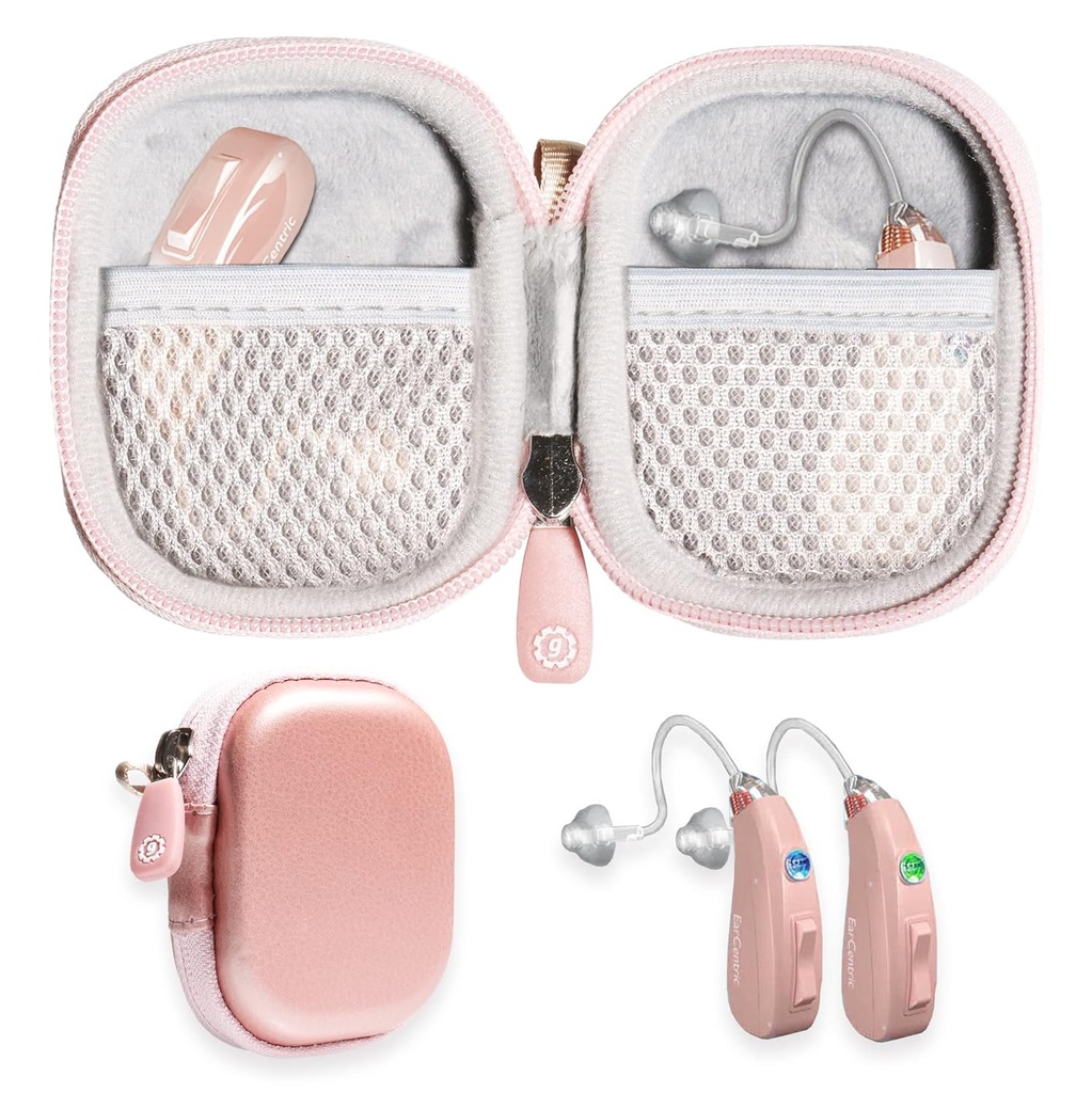 GETGEAR Designed Protective Case for Hearing Aid, Hearing Amplifier, Personal Sound Amplifier, Hearing Device, Listening Device, Strong Mini Case with Mesh pocket(Rose Gold