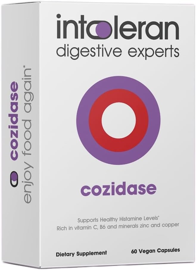 Intoleran Cozidase - 60 cápsulas ← Suplemento para la intolerancia a la histamina " Deficiencia de DAO " Estimula la oxidación de la diabetes (DAO) Producción de enzima voca Vitaminas " Minerales; Cobre, zinc, vitamina B6 " C