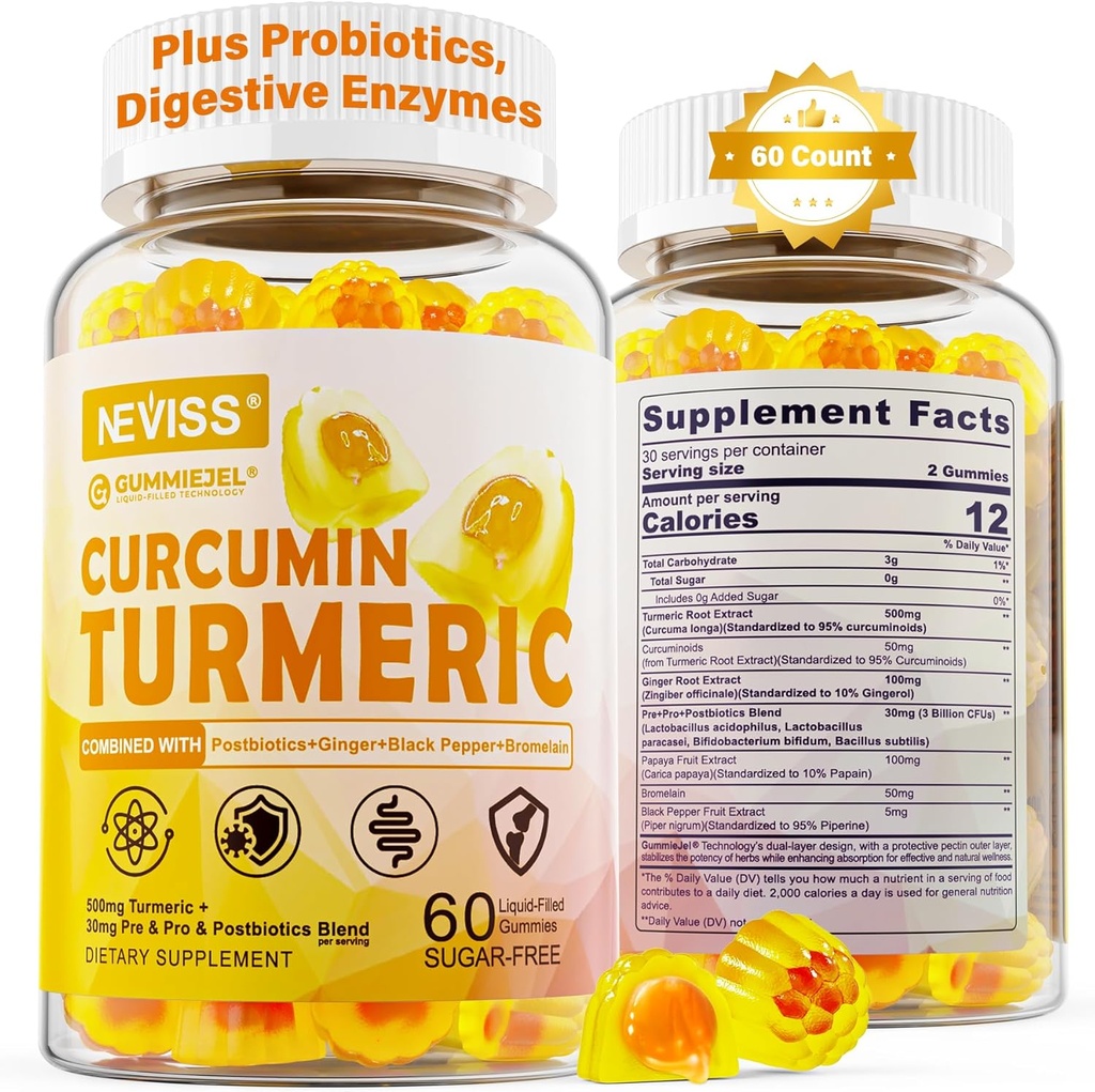 Curcumina de Turmérica Libre de Azúcar Mangas llenas 550 mg para adultos, Ginger &amp; Black Pepper TENIDO 95% Curcuminoides w/Prebiótico Probiótico &amp; Blend postbiótico, Apoyo Immune &amp; Salud Digestiva, Vegan, 60 Con