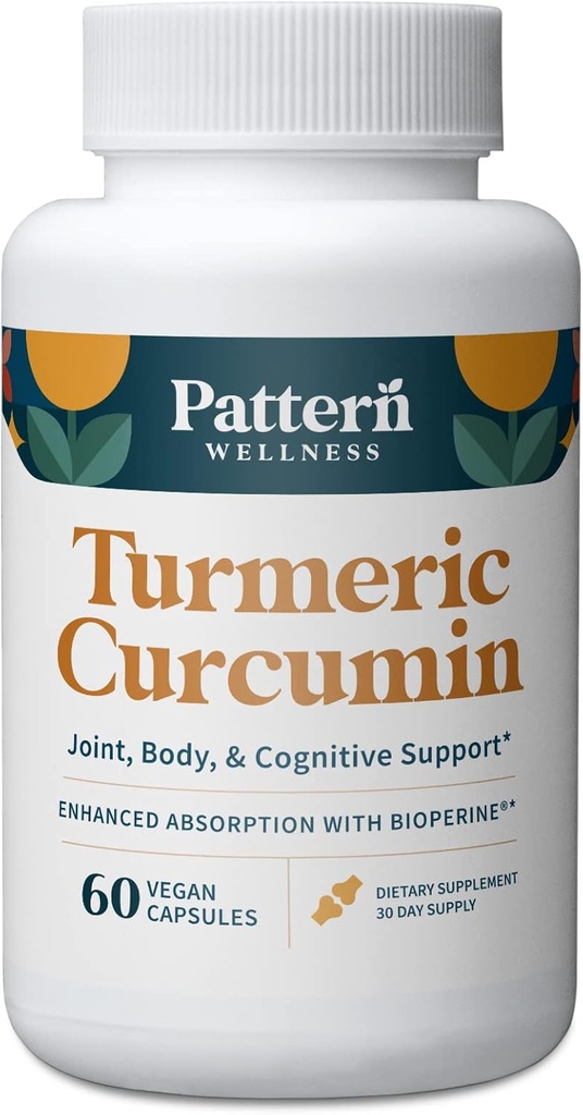 Pattern Wellness Turmeric Curcumin – 1300mg – 95% Curcuminoides con BioPerine® Black Pepper – Conjunto, Cognitivo &amp; Immune Support – Non-GMO, Gluten Free – 60 cápsulas