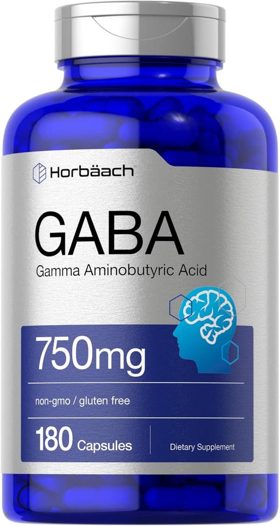 Horbäach GABA 750mg  180 Powder Capsules ← Gamma Aminobutyric Acid Supplement ← Non-GMO, Gluten Free