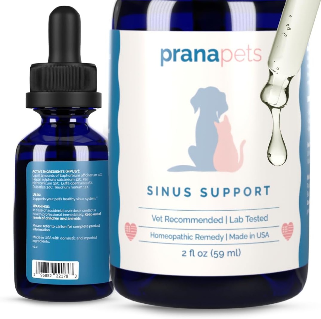PranaPets Sinus Support Suplemento líquido para mascotas Silencio Naturalmente Apoya Cat &amp; Dog Sinus Relief ← Fórmula natural para la congestión