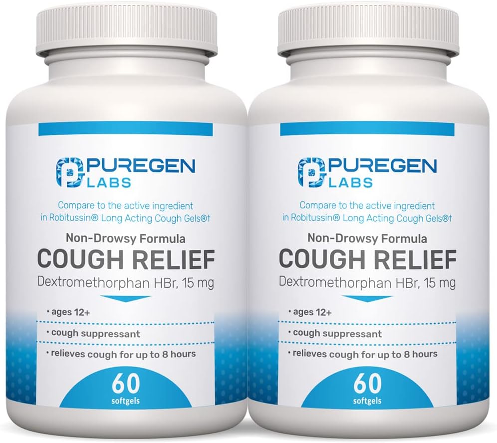 P Puregen Labs Cough Relief for Adults Dextromethorphan HBr 15mg (120 Softgels) 8-Hour, Non-Drowsy, Long-Lasting Bronchial Suppressant Ages 12+  Compare to Robafen and Robitussin 2Pack