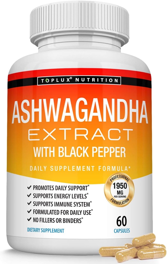 Orgánica Ashwagandha Root Powder Pills 1950 Mg con Black Pepper Extract - Puro suplemento natural de Ashwagandha, Apoyo Energía, para Hombre Mujeres, 60 cápsulas