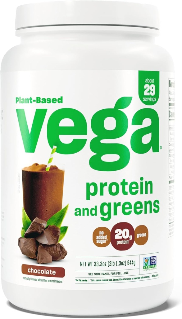 Vega Protein and Greens Protein Powder, Chocolate - 20g Plant Based Protein Plus Veggies, Vegan, Non GMO, Pea Protein for Women and Men, 2.1bs