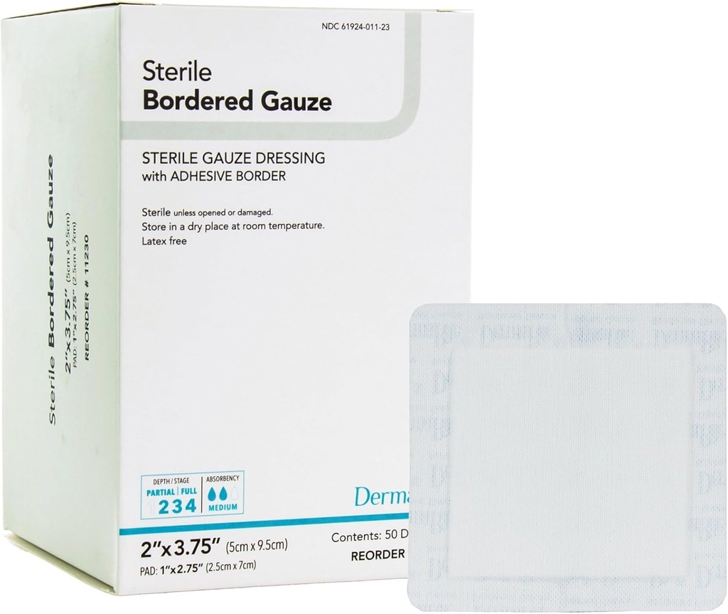 DermaRite Sterile Bordered Gauze Dressing with Adhesive Border - Flexible Non-Linting Material, First-Aid, Individually Packaged - 2 in. x 3-3/4 in., 1 Conde, 50 Packs, 50 Total