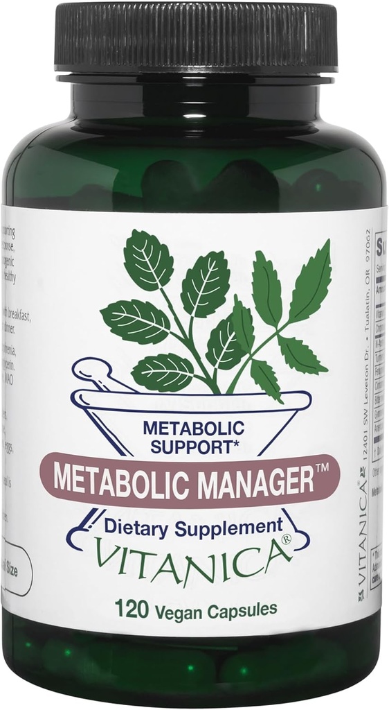 Vitanica Metabólica Manager - Suplemento herbal para apoyar la respuesta metabólica saludable - Suplemento dietético con vitamina D - Suplemento antioxidante vegano - Logo Pro - 120 cápsulas