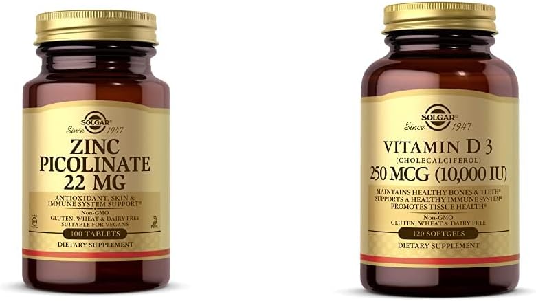 Solgar Zinc Picolinate 22 mg, 100 Tablets - Promueve la piel sana - Soporta el sistema inmunológico, T normal con vitamina D3 (Cholecalciferol) 250 MCG (10,000 UI), 120 Softgels - Ayuda a mantener los huesos saludables